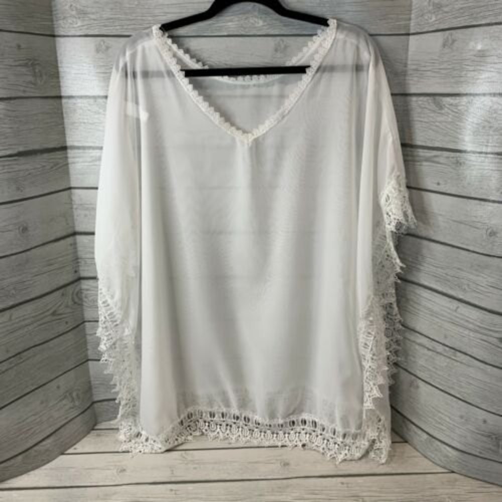 Shein Sheer White Coverup Poncho Pull Over Front Lace Trim Women’s OS NWOT Swim
